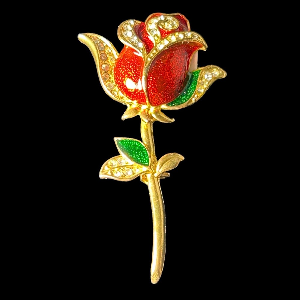 Beautiful Enamel And Rhinestone Rose Brooch